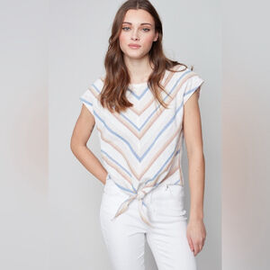 Charlie B linen & cotton tie front short sleeve blouse size XL 70s vibes chevron